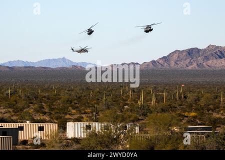 Trois hélicoptères CH-53E Super Stallion du corps des Marines des États-Unis affectés au Marine Aviation Weapons and Tactics Squadron One approchent un objectif hostile simulé pendant le cours d'instructeur d'armes et de tactiques 2-24 près de la Marine corps Air Station Yuma, Ariz., le 3 avril 2024. Le cours WTI est un cours de formation conjoint hautement compétitif et rigoureux qui intègre tous les actifs de l'aviation maritime, les forces terrestres, les systèmes de commandement et de contrôle, la logistique et la défense aérienne pour assurer une intégration air-sol appropriée sur le champ de bataille. (Photo de la Garde nationale de l'Alaska par Alejandro Peña) Banque D'Images