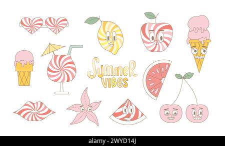 Fruits d'été groovy, glace, étoile, coctail. Autocollants de mascotte funky. Vecteur fruits modernes. Illustration de Vecteur