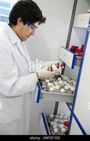 Stockage de réactifs, laboratoire de synthèse, laboratoire de recherche, laboratoire de recherche IkerChem, conception et synthèse de nouvelles entités chimiques avec des applications thérapeutiques en oncologie, découverte et développement de nouveaux médicaments pour le traitement du cancer, San Sebastian Technology Park, Miramon, Donostia, Gipuzkoa, Euskadi, Espagne. Banque D'Images