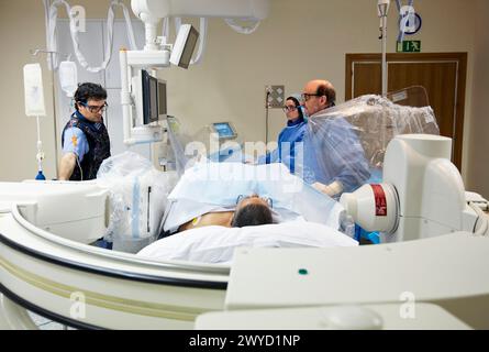 Cathétérisme coronaire, hémodynamique. Hôpital Policlinica Gipuzkoa, Saint-Sébastien, Donostia, Euskadi, Espagne. Banque D'Images