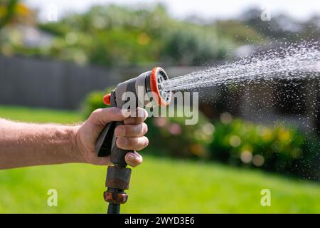 Tuyau d'arrosage avec buse réglable. Main de l'homme tenant pistolet de pulvérisation et arrosant les plantes, pulvérisant de l'eau sur l'herbe dans la cour arrière. Banque D'Images