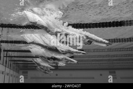 LONDRES, ROYAUME-UNI. 05 avril 2024. (NOTE DU PHOTOGRAPHE : l'image a été convertie en noir et blanc.) Une vue sous-marine générale des compétiteurs plongez pour les manches MC 400m Freestyle féminines pendant les Speedo Aquatics GB Swimming Championships 2024 - jour 4 au London Aquatics Centre le vendredi 5 avril 2024. LONDRES ANGLETERRE. Crédit : Taka G Wu/Alamy Live News Banque D'Images