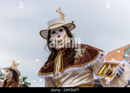 Maragogipe, Bahia, Brésil - 11 février 2024 : les gens en costumes et masques jouent au carnaval dans la ville de Maragogipe à Bahia. Banque D'Images
