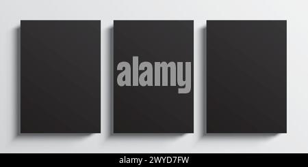 3 affiches blanches en papier noir accrochées sur un fond mural gris. Maquette vectorielle de galerie d'affiches pour le placement vertical d'art, d'image ou de texte. Illustration de Vecteur