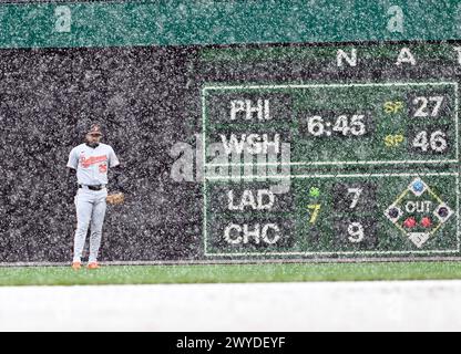 Pittsburgh, États-Unis. 05th Apr, 2024. Anthony Santander (25), outfielder des Orioles de Baltimore, regarde le Sleet couvrir l'intérieur du terrain lors de la deuxième manche du Pittsburgh Pirates Home Opener au PNC Park le vendredi 5 avril 2024 à Pittsburgh. Photo par Archie Carpenter/UPI crédit : UPI/Alamy Live News Banque D'Images