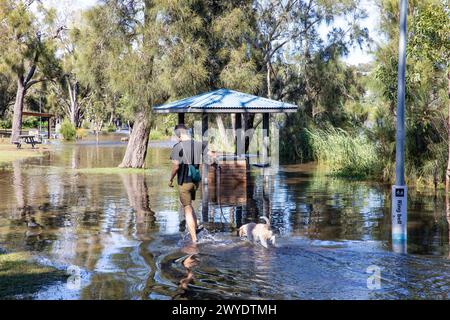 Samedi 6 avril 2024. Sydney a été frappée par un déluge de pluie au cours des dernières 48 heures, avec certaines zones, y compris Penrith recevant les précipitations les plus abondantes jamais enregistrées, à Narrabeen les résidents autour du lagon de Narabeen, sur la photo, ont été invités à évacuer en raison de la montée des niveaux d'eau du lac Narrabeen sur les plages du nord de Sydney. où plus de 150 mm de pluie sont tombés. Il y a eu plus de 50 observateurs d'inondations le long des rivières en Nouvelle-Galles du Sud et le barrage de Warragamba devrait se déverser. Créditez Martin Berry @alamy Live news. Banque D'Images