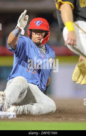 Bradenton, FL : le receveur des Clearwater Threshers Luis Caicuto (12 ans) vole la troisième base sur un terrain sauvage par le lanceur Bradenton Marauders Antwone Kelly (38 ans) duri Banque D'Images