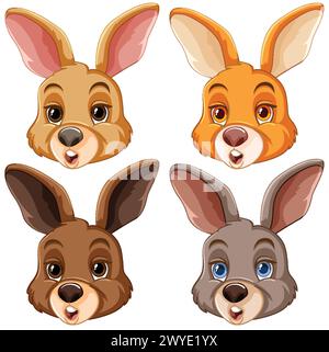 Quatre illustrations vectorielles stylisées de têtes de lapin. Illustration de Vecteur
