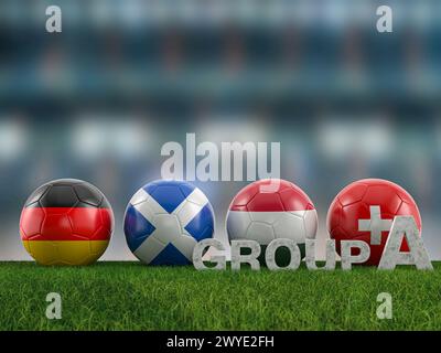 Ballons de football avec des drapeaux de l'Euro 2024 groupe A équipes sur un terrain de football. illustration 3d. Banque D'Images