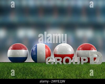 Ballons de football avec drapeaux des équipes Euro 2024 du groupe d sur un terrain de football. illustration 3d. Banque D'Images