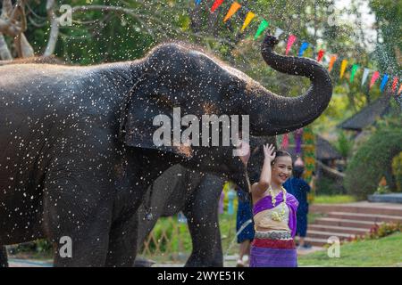 Festival Songkran. Le peuple thaïlandais du Nord dans des vêtements traditionnels s'habillant éclaboussant de l'eau ensemble dans le festival culturel de jour de Songkran avec éléphant. Banque D'Images