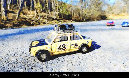 Stockholm, Suède, 16 avril 2020. Aquarelle représentant une voiture de course de rallye italienne historique Banque D'Images