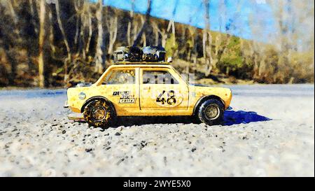 Stockholm, Suède, 16 avril 2020. Aquarelle représentant une voiture de course de rallye italienne historique Banque D'Images