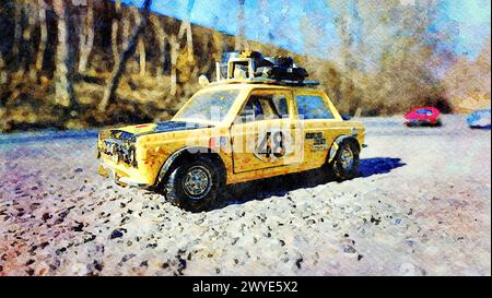 Stockholm, Suède, 16 avril 2020. Aquarelle représentant une voiture de course de rallye italienne historique Banque D'Images