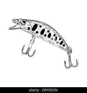 Crochet de poisson illustration vectorielle Minnow tacle. Alimentation en leurre pour tourbillon de mouche. Dessin de ligne d'appât. Silhouette d'encre graphique de contour noir. Cuillère de pêche Illustration de Vecteur