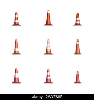 Ensemble de différents signes de cône réparations routières, isolé sur fond blanc. Eléments de conception en construction. Vue de face, illustration vectorielle. Illustration de Vecteur