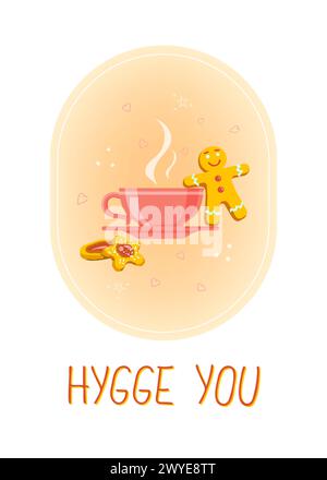 Hygge-toi, embrasse-toi message, thé et biscuits Illustration de Vecteur
