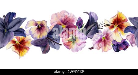 Illustration d'aquarelle dessinée à la main fleurs botaniques shabby boho. Clivia de lys foncé amaryllis, violet alto pansy. Bannière transparente isolée sur blanc Banque D'Images