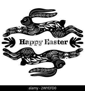 Black Happy Easter Linocut composition Illustration de Vecteur