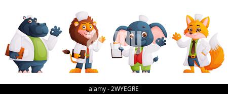 Dessin animé de médecins animaliers. Beaux personnages en uniforme médical montrant que tout va bien. Lion, hippopotame, éléphant, renard sous la forme d'un médecin Illustration de Vecteur