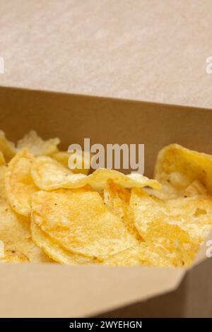 Chips de pommes de terre chips, saveur sel et vinaigre, dans une boîte de carton. Emballage alimentaire biodégradable respectueux de l'environnement. Banque D'Images