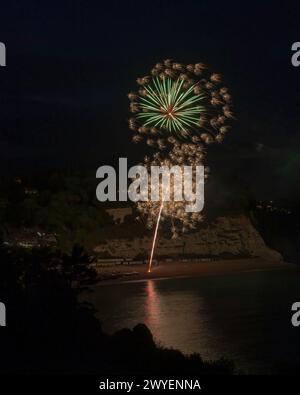 Un feu d'artifice sur la plage de Beer, Devon, Angleterre, Royaume-Uni, fait partie de la Beer Regatta vue depuis Arrats Hill Banque D'Images