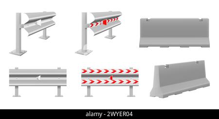 Ensemble de barrières routières en béton de fer pour bloquer la route avec un balisage, isolé sur fond blanc. Style isométrique 3D réaliste, illustration vectorielle. Illustration de Vecteur