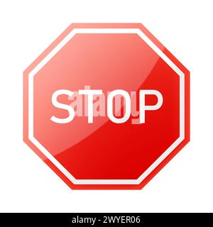 Rouge Stop Sign avec effet brillant, isolé sur fond blanc. Symbole d'arrêt d'avertissement réglementaire de la circulation. Illustration vectorielle 3D réaliste Illustration de Vecteur