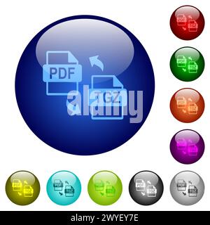 Icônes de compression de fichier PDF TGZ sur des boutons en verre ronds en plusieurs couleurs. Structure de couches disposées Illustration de Vecteur