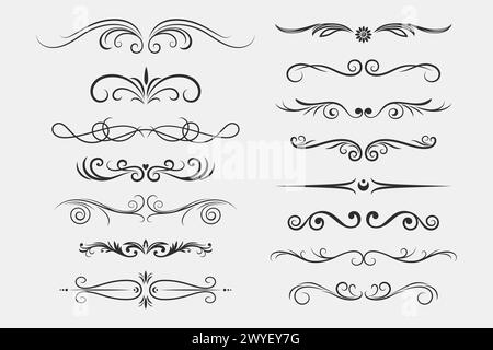 Délimiteurs de texte rétro définis. Diviseurs de texte monochromes vintage, rouleaux décoratifs, séparateurs et ornements d'en-tête. Illustration vectorielle Illustration de Vecteur