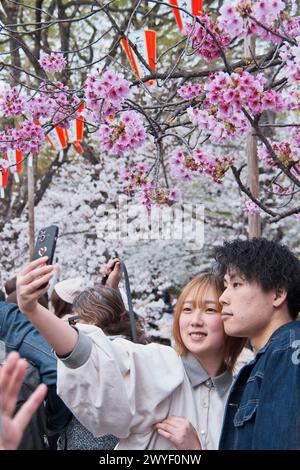 Tokyo, Japon. 06 avril 2024. Les gens prennent des photos de cerisiers en fleurs au parc Ueno à Tokyo le samedi 6 avril 2024. Photo de Keizo Mori/UPI crédit : UPI/Alamy Live News Banque D'Images