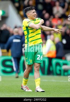 Marcelino Nunez de Norwich City célèbre après le Sky Bet Championship match à Carrow Road, Norwich. Date de la photo : samedi 6 avril 2024. Banque D'Images