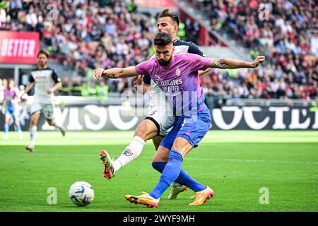 L'attaquant français #09 d'AC Milan Olivier Giroud tourne lors du match italien Serie A Fooball AC Milan vs Lecce au stade San Siro de Milan, Italie, le 6 avril 2024 crédit : Piero Cruciatti/Alamy Live News Banque D'Images