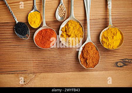 Cuillères, épices et sélection de poudre pour assaisonner sur la table de cuisine, curcuma et paprika pour le repas. Vue de dessus, condiments et options pour épicé Banque D'Images