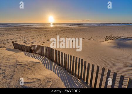 Coucher de soleil sur une plage dorée sur la côte atlantique portugaise près d'Aveiro, Portugal Banque D'Images