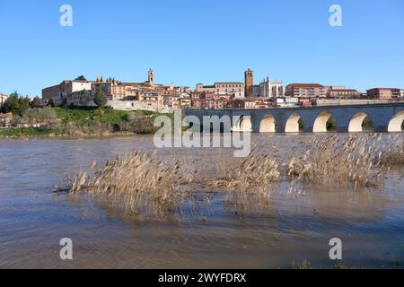 Paysage panoramique de la ville de Tordesillas sur les rives de la rivière Duero Castillion e Leon, Espagne, Europe Banque D'Images