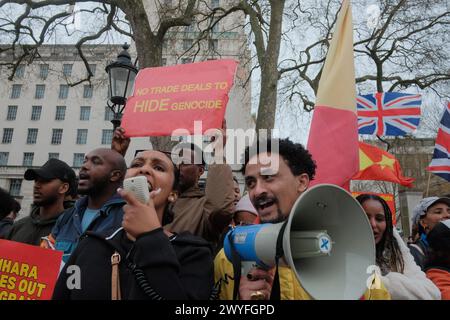 Londres, Royaume-Uni. 06 avril 2024. Les activistes se rassemblent devant le Foreign Office à Londres pour la manifestation mondiale pour le Tigré. En mai 2023, l'impact combiné de la violence en temps de guerre, de la famine et du manque d'accès aux soins médicaux avait tué environ 162 000 à 378 000 personnes, et d'autres estimations ont atteint un nombre de 600 000 tués. La manifestation est un appel à l'action, exhortant la communauté internationale à prendre note de la crise actuelle et à intervenir dans ce contexte. Crédit : Joao Daniel Pereira/Alamy Live News Banque D'Images