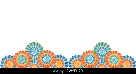 Bordure sans couture de fleurs de fiesta. Clipart aquarelle dessinée à la main, ventilateurs de papier mexicain pour la décoration Cinco de Mayo. Conception de célébration pour les bannières, papier, emballage, impression, cartes, invitation Banque D'Images