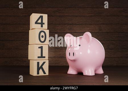 Tirelire rose debout à côté d'une pile de blocs de bois montrant le terme 401K sur fond de bois. Sécurité sociale, retraite et planification de la retraite Banque D'Images