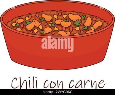 Cuisine mexicaine traditionnelle avec viande et haricots Chili con carne dans un bol rouge Illustration de Vecteur