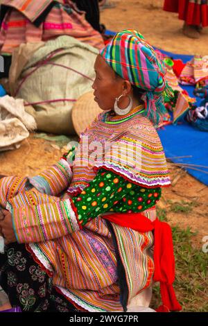 Fleur femme Hmong au marché bac Ha dans les hautes terres montagneuses reculées du nord du Vietnam en Asie du Sud-est Banque D'Images