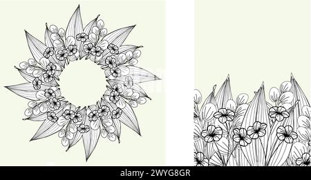 Ensemble de couronne, fleurs, branches de feuilles dans le motif dessiné à la main. Conception d'art de ligne de feuillage pour mariage, carte, invitation, voeux, logo Banque D'Images
