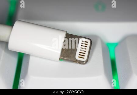 Viersen, Allemagne - 2 avril. '024 : vue de haut en bas gros plan d'un connecteur de données Apple Lightning isolé et d'alimentation avec huit broches sur le clavier de l'ordinateur Banque D'Images