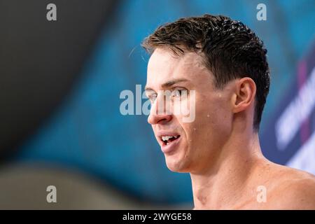 LONDRES, ROYAUME-UNI. 06 avril 2024. Benjamin Proud a donné l’interview après avoir remporté la finale masculine du 50m Freestyle Paris lors des Speedo Aquatics GB Swimming Championships 2024 - Day 5 au London Aquatics Centre le samedi 06 avril 2024. LONDRES ANGLETERRE. Crédit : Taka G Wu/Alamy Live News Banque D'Images