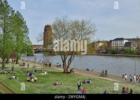 6.4.2024 Frühlingsanfang am ersten Aprilsamstag locken sommerliche Temperaturen die Menschen nach draussen. Wie hier am Mainufer à Francfort. Örtlich könnten Hitzerekorde Fallen, das ist auch ein Zeichen des Klimawandels. Frankfurt am main Mainufer Hessen Deutschland *** 6 4 2024 début du printemps le premier samedi d'avril, les températures estivales attirent les gens dehors comme ici sur les rives du main à Francfort les records de chaleur pourraient tomber localement, ce qui est également un signe du changement climatique Francfort-sur-le-main Mainufer Hessen Allemagne Banque D'Images