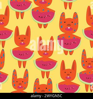 lapins orange avec tranche de mellorme d'eau sans couture ; personnages de doodle cartographiés à imprimer sur textile, bandana, bavoir Illustration de Vecteur