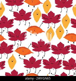 Motif sans couture avec feuilles de kawaii Illustration de Vecteur