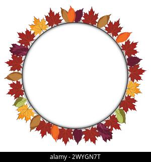 copyspace coupé en papier rond avec bordure de feuilles colorées ; copyspace encadré avec des feuilles dans des couleurs automnales ; peut être utilisé pour annoncer des événements, usage éducatif Illustration de Vecteur