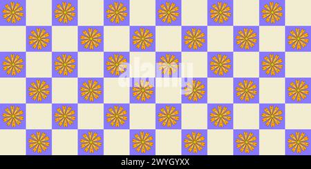 Modèle sans couture avec des fleurs de chrysanthème sur fond jaune violet vérifié, illustration vectorielle Illustration de Vecteur