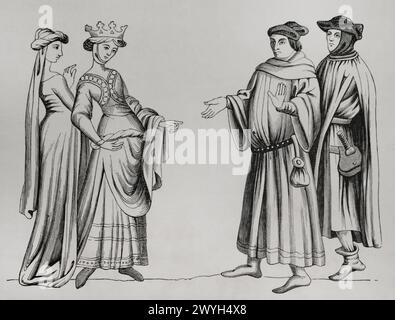 Noble dame et demoiselle d'honneur accompagnées de deux bourgeois vêtus de chaperon. xive siècle. Gravure d'après une miniature dans 'merveilles du monde'. « Moeurs, usages et costumes au moyen-âge et à l'époque de la Renaissance », de Paul Lacroix. Paris, 1878. Banque D'Images